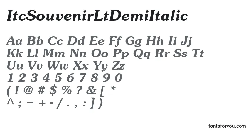 A fonte ItcSouvenirLtDemiItalic – alfabeto, números, caracteres especiais