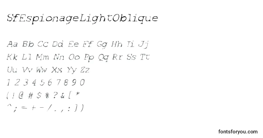 Schriftart SfEspionageLightOblique – Alphabet, Zahlen, spezielle Symbole