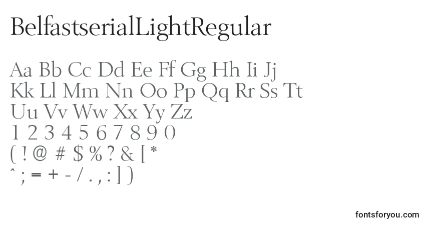 Czcionka BelfastserialLightRegular – alfabet, cyfry, specjalne znaki