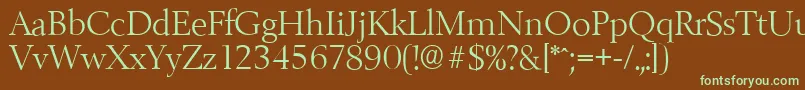 フォントBelfastserialLightRegular – 緑色の文字が茶色の背景にあります。