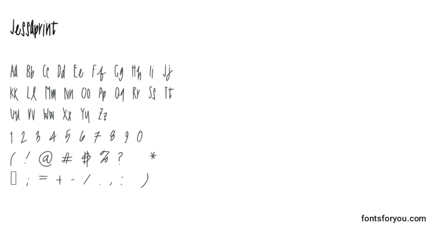 Jessaprint-fontti – aakkoset, numerot, erikoismerkit