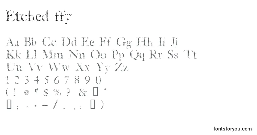 A fonte Etched ffy – alfabeto, números, caracteres especiais