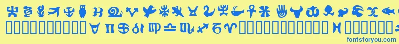 フォントFrutigersymbolsPositiv – 青い文字が黄色の背景にあります。