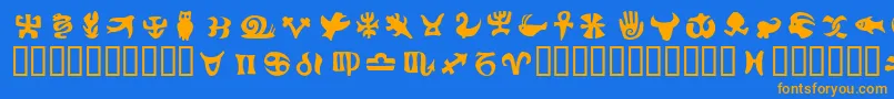 フォントFrutigersymbolsPositiv – オレンジ色の文字が青い背景にあります。