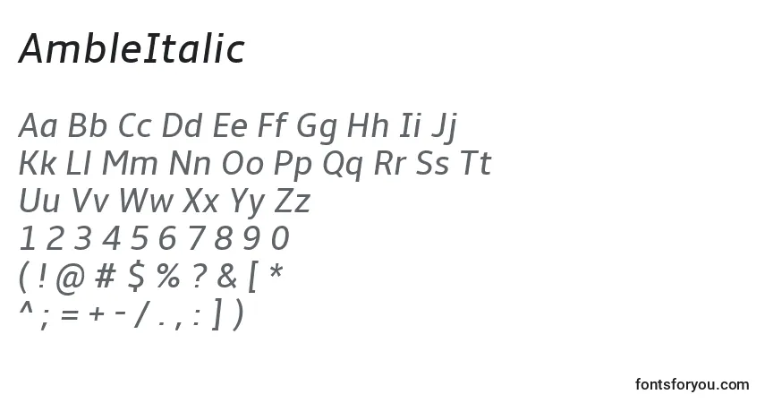 Czcionka AmbleItalic – alfabet, cyfry, specjalne znaki