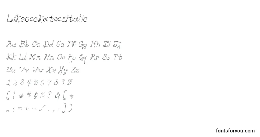 Шрифт Likecockatoositalic – алфавит, цифры, специальные символы