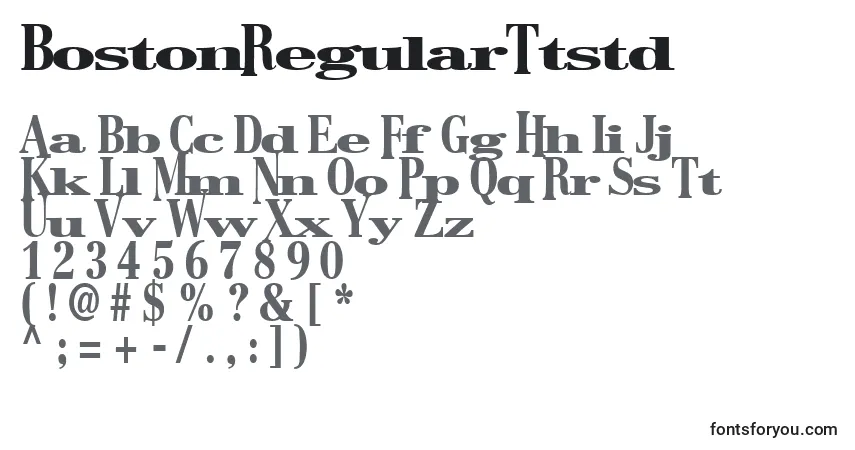 Czcionka BostonRegularTtstd – alfabet, cyfry, specjalne znaki