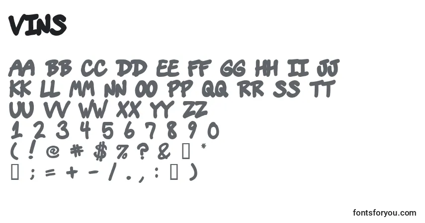 Czcionka Vins – alfabet, cyfry, specjalne znaki