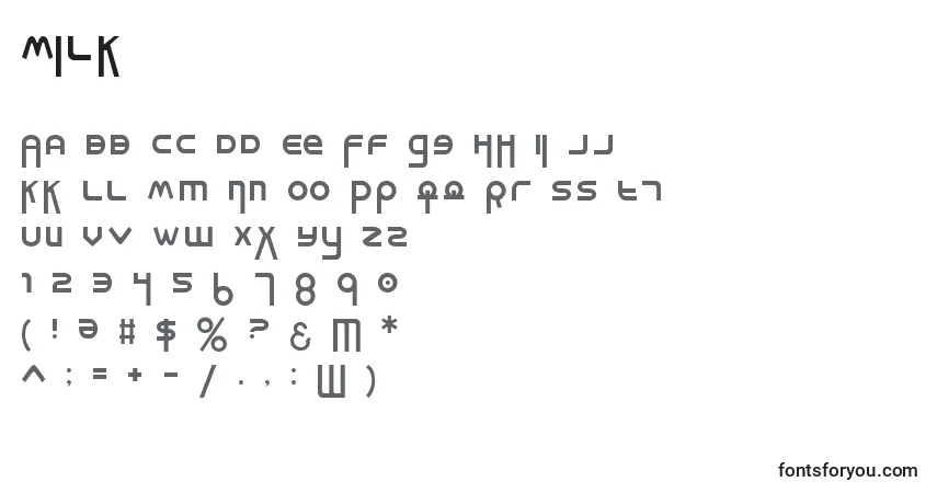 Schriftart Milk (109419) – Alphabet, Zahlen, spezielle Symbole