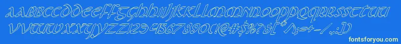 Foucaultoutital-Schriftart – Gelbe Schriften auf blauem Hintergrund