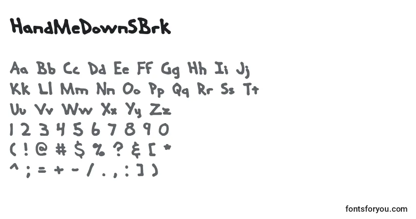 Czcionka HandMeDownSBrk – alfabet, cyfry, specjalne znaki