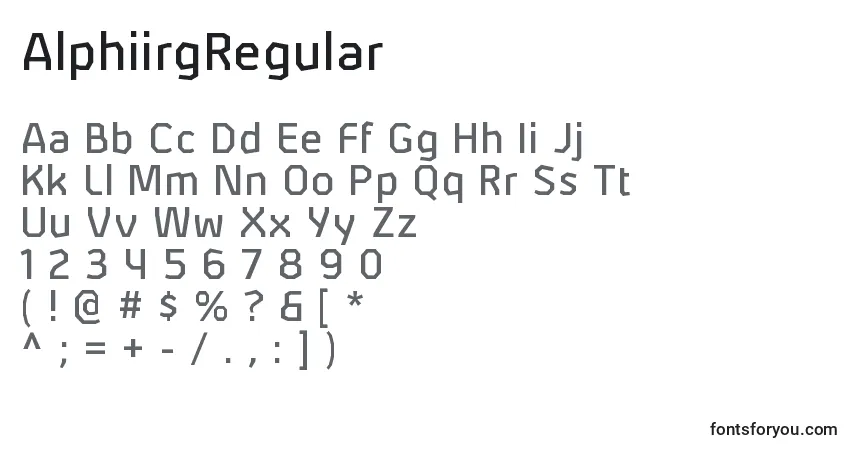 Czcionka AlphiirgRegular – alfabet, cyfry, specjalne znaki