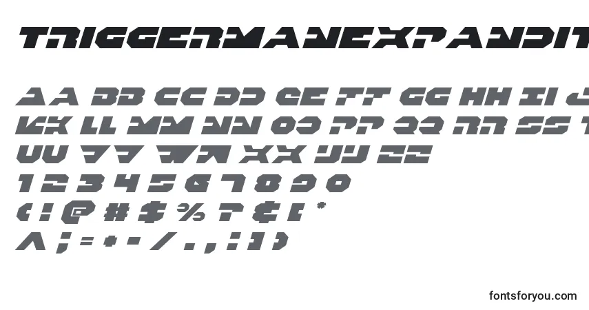 Schriftart Triggermanexpandital – Alphabet, Zahlen, spezielle Symbole