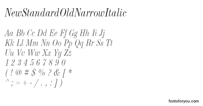 A fonte NewStandardOldNarrowItalic – alfabeto, números, caracteres especiais