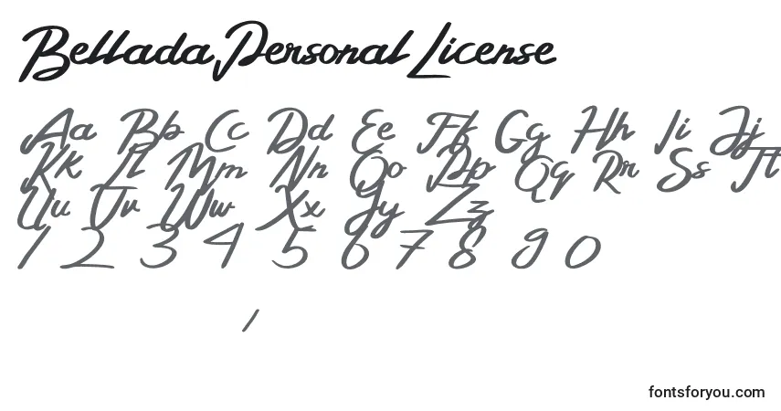 A fonte BelladaPersonalLicense – alfabeto, números, caracteres especiais