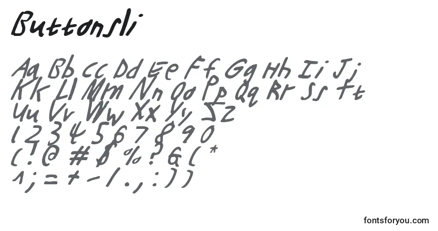 Czcionka Buttonsli – alfabet, cyfry, specjalne znaki