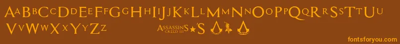 Assassin$-Schriftart – Orangefarbene Schriften auf braunem Hintergrund