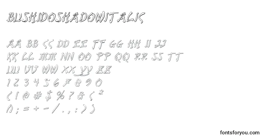 Шрифт BushidoShadowItalic – алфавит, цифры, специальные символы