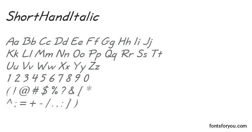 Czcionka ShortHandItalic – alfabet, cyfry, specjalne znaki