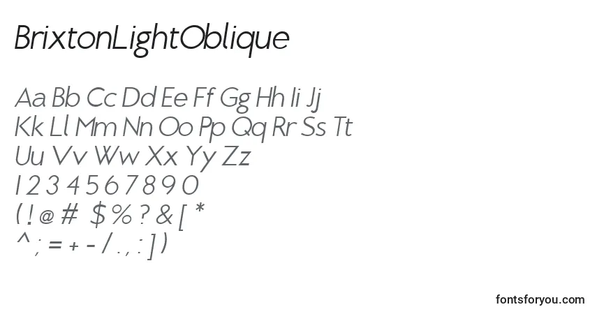 Шрифт BrixtonLightOblique – алфавит, цифры, специальные символы
