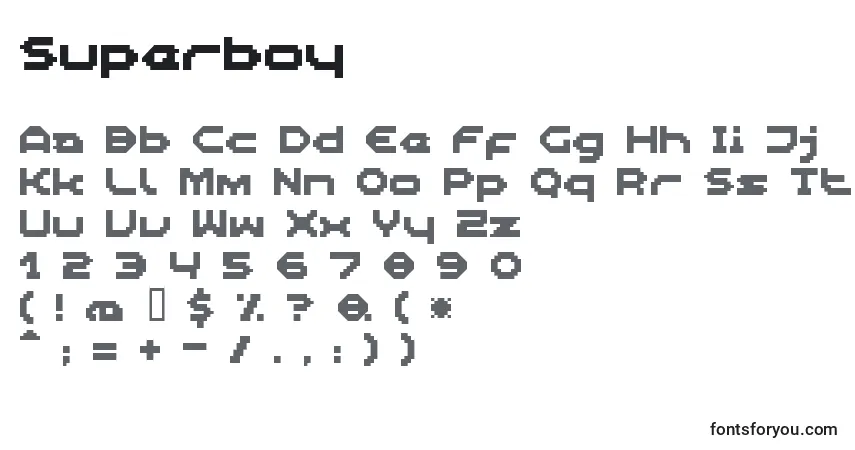 A fonte Superboy – alfabeto, números, caracteres especiais
