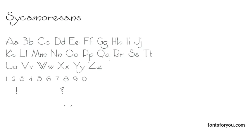 Czcionka Sycamoresans – alfabet, cyfry, specjalne znaki