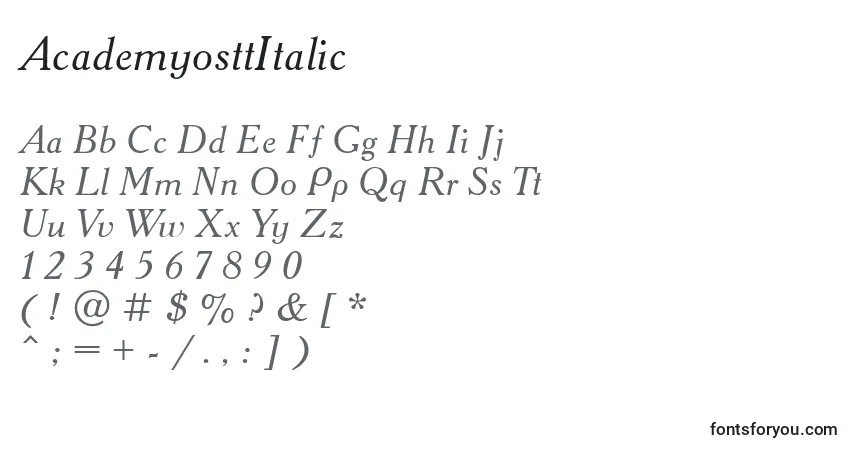Schriftart AcademyosttItalic – Alphabet, Zahlen, spezielle Symbole
