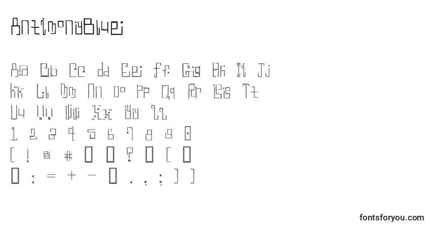 Czcionka AntimonyBlue – alfabet, cyfry, specjalne znaki
