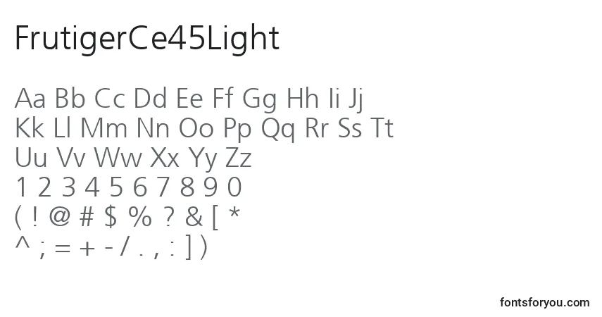 A fonte FrutigerCe45Light – alfabeto, números, caracteres especiais