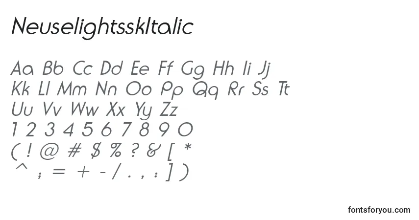 Шрифт NeuselightsskItalic – алфавит, цифры, специальные символы