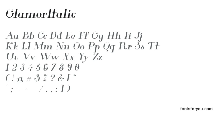 Czcionka GlamorItalic (109695) – alfabet, cyfry, specjalne znaki
