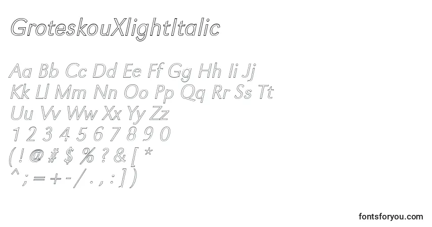 Police GroteskouXlightItalic - Alphabet, Chiffres, Caractères Spéciaux