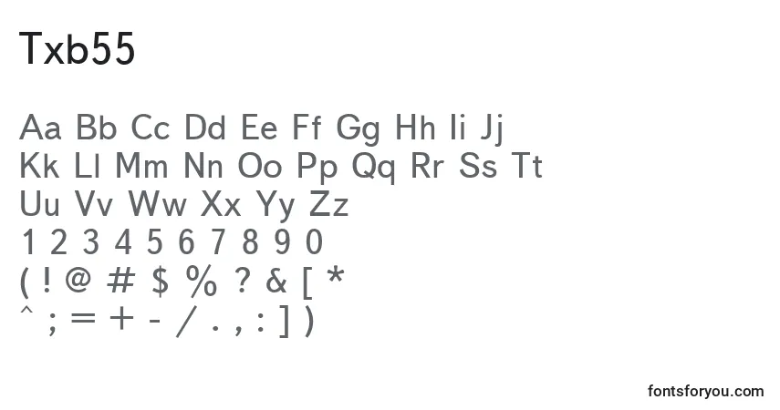 Czcionka Txb55 – alfabet, cyfry, specjalne znaki