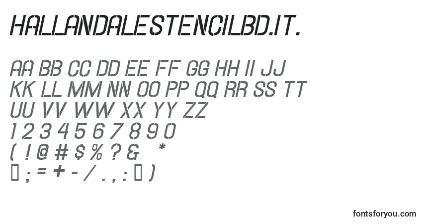 Шрифт Hallandalestencilbd.It. – алфавит, цифры, специальные символы