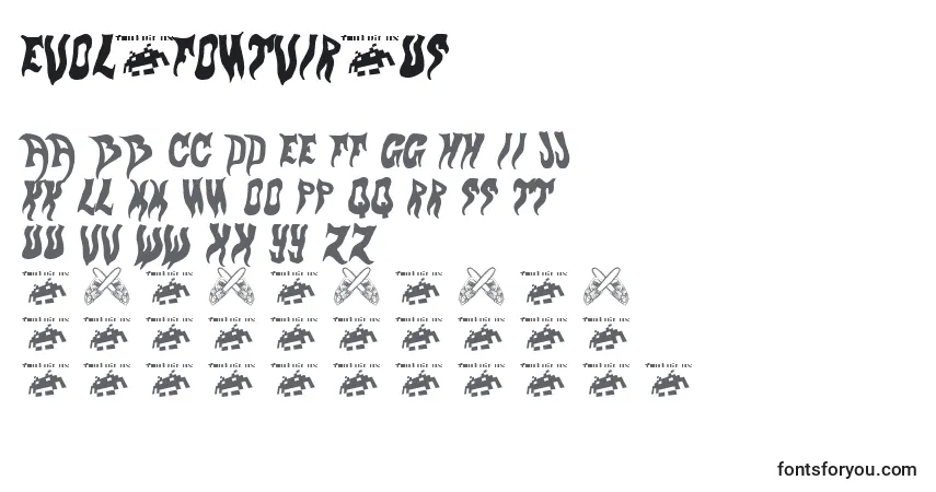 Czcionka Evol.Fontvir.Us – alfabet, cyfry, specjalne znaki