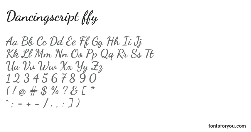 A fonte Dancingscript ffy – alfabeto, números, caracteres especiais