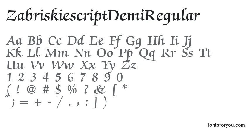 Шрифт ZabriskiescriptDemiRegular – алфавит, цифры, специальные символы
