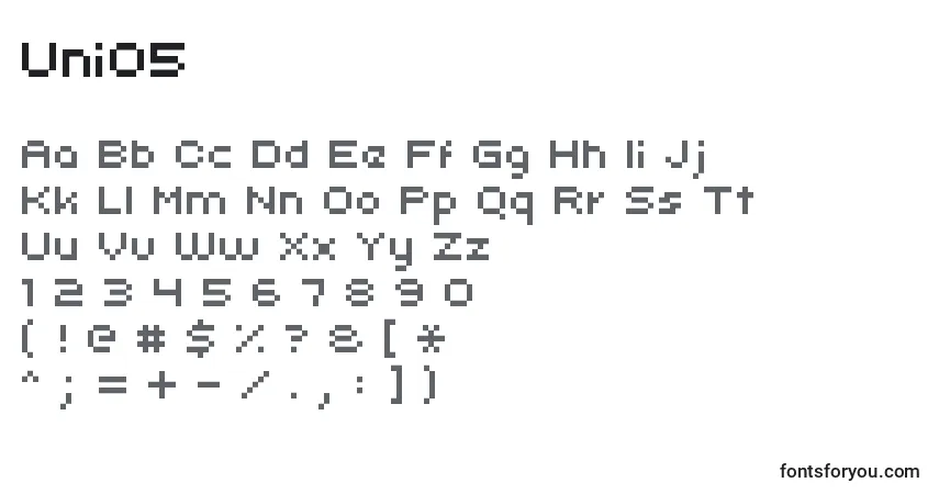 Czcionka Uni05 – alfabet, cyfry, specjalne znaki