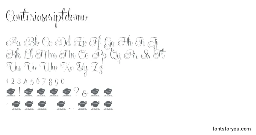 Schriftart Centeriascriptdemo – Alphabet, Zahlen, spezielle Symbole