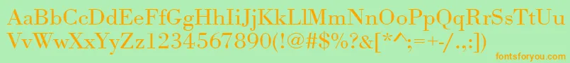 フォントUrwbodonitligextwid – オレンジの文字が緑の背景にあります。