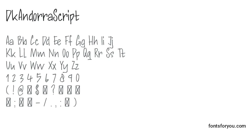 Czcionka DkAndorraScript – alfabet, cyfry, specjalne znaki