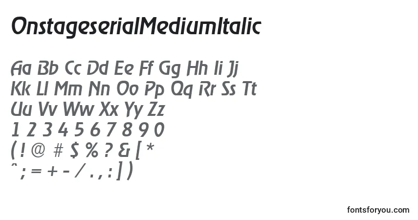 Шрифт OnstageserialMediumItalic – алфавит, цифры, специальные символы