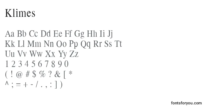 A fonte Klimes – alfabeto, números, caracteres especiais