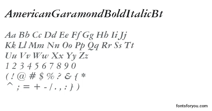 Шрифт AmericanGaramondBoldItalicBt – алфавит, цифры, специальные символы