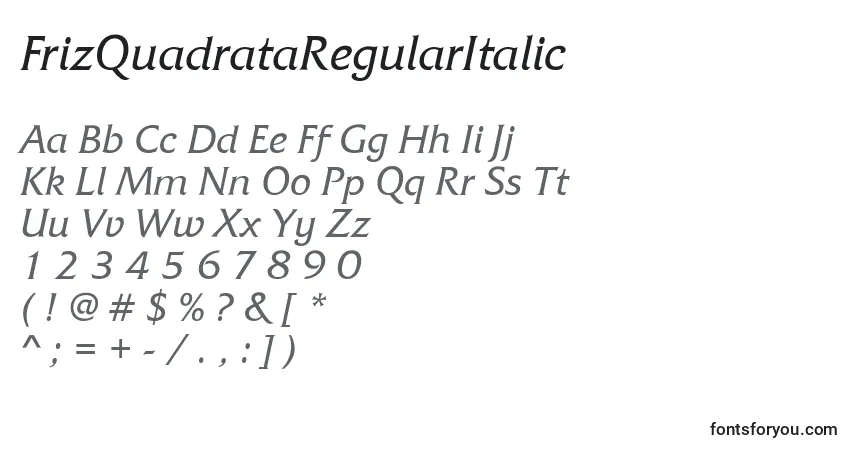 Czcionka FrizQuadrataRegularItalic – alfabet, cyfry, specjalne znaki