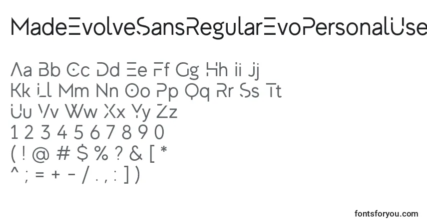 Schriftart MadeEvolveSansRegularEvoPersonalUse – Alphabet, Zahlen, spezielle Symbole