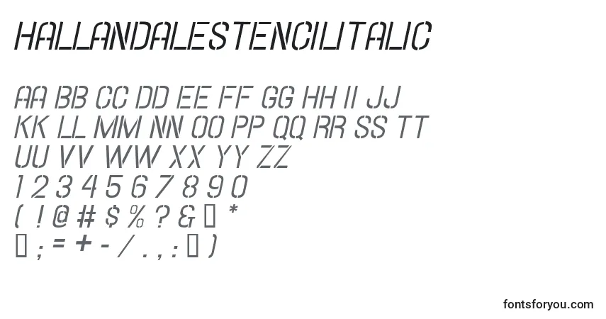 Шрифт Hallandalestencilitalic – алфавит, цифры, специальные символы