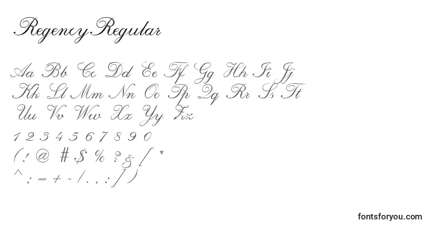 Czcionka RegencyRegular – alfabet, cyfry, specjalne znaki