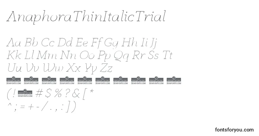 A fonte AnaphoraThinItalicTrial – alfabeto, números, caracteres especiais