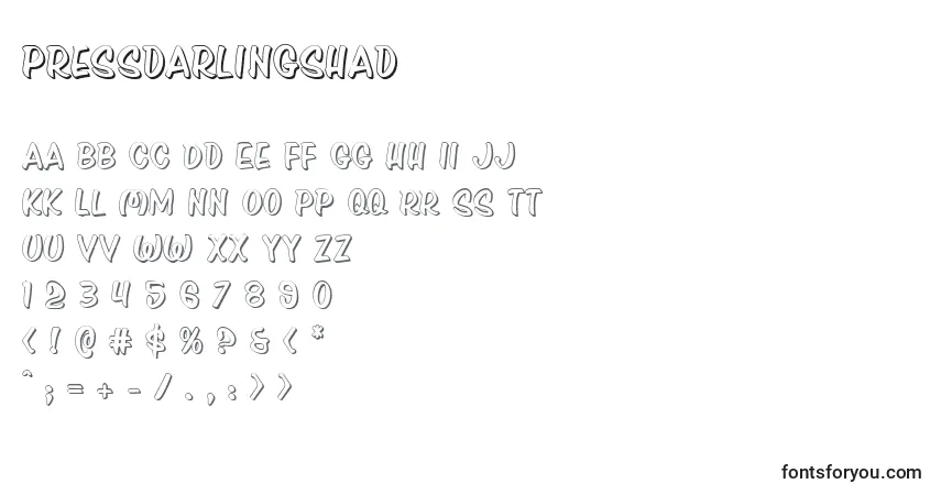 Czcionka Pressdarlingshad – alfabet, cyfry, specjalne znaki